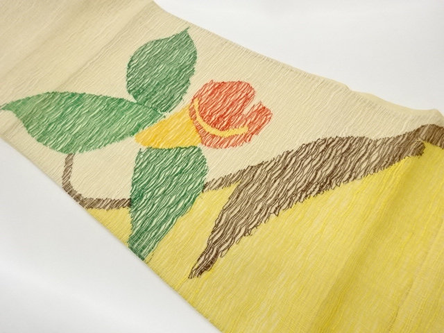 JAPANESE FUKURO OBI FOR SUMMER / TSUMUGI / WOVEN ABSTRACT FLOWER